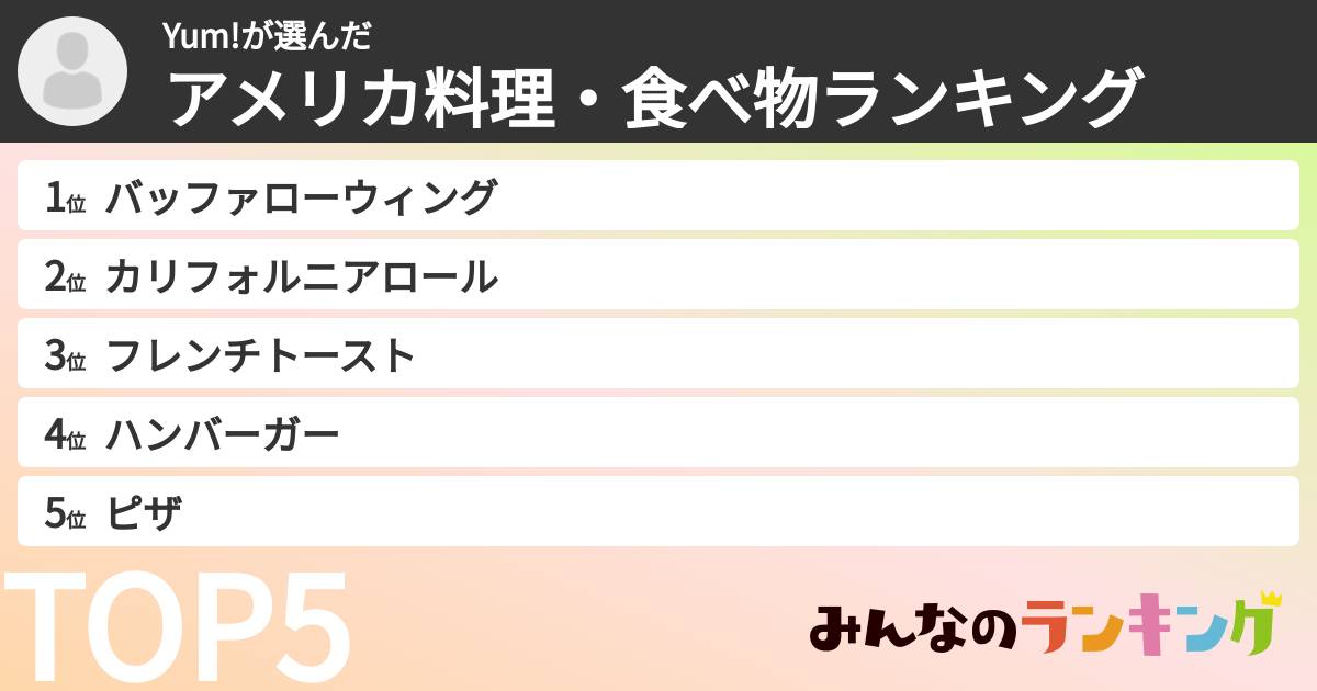 Yum!さんの「アメリカ料理・食べ物ランキング」