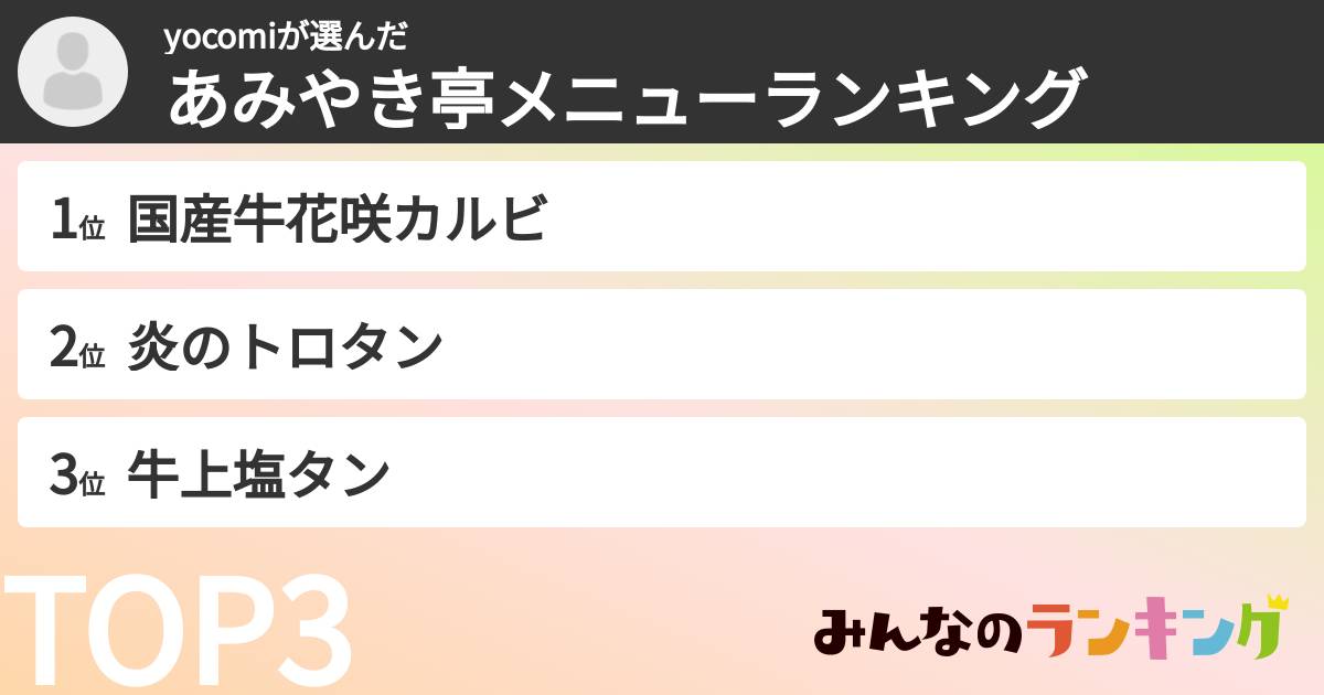 yocomiさんの「あみやき亭メニューランキング」