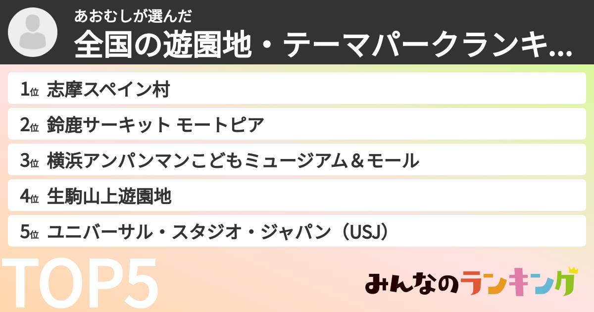 あおむしさんの「全国の遊園地・テーマパークランキング」