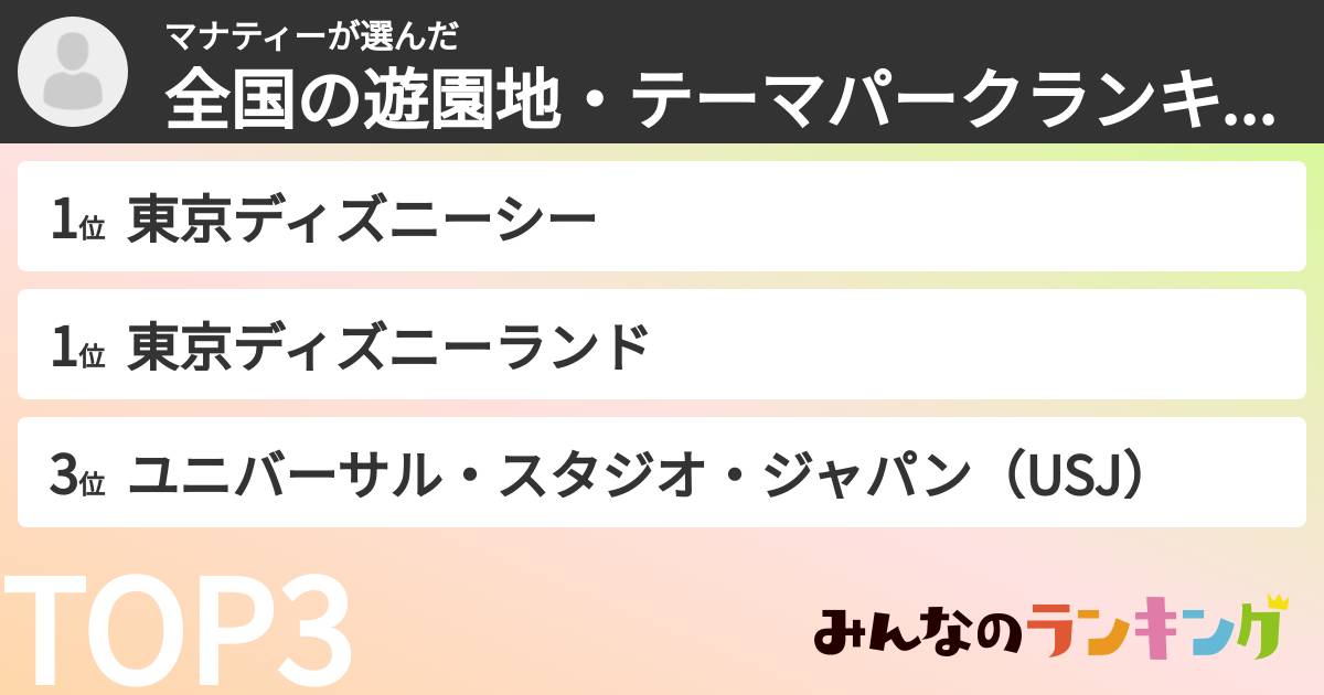 マナティーさんの「全国の遊園地・テーマパークランキング」
