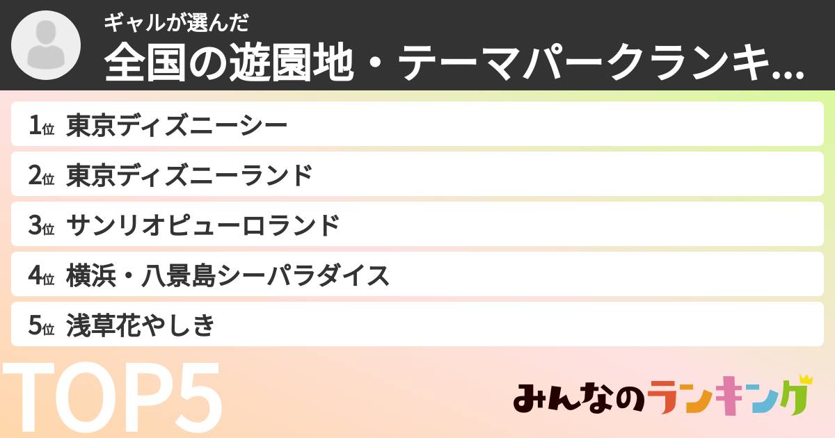 ギャルさんの「全国の遊園地・テーマパークランキング」