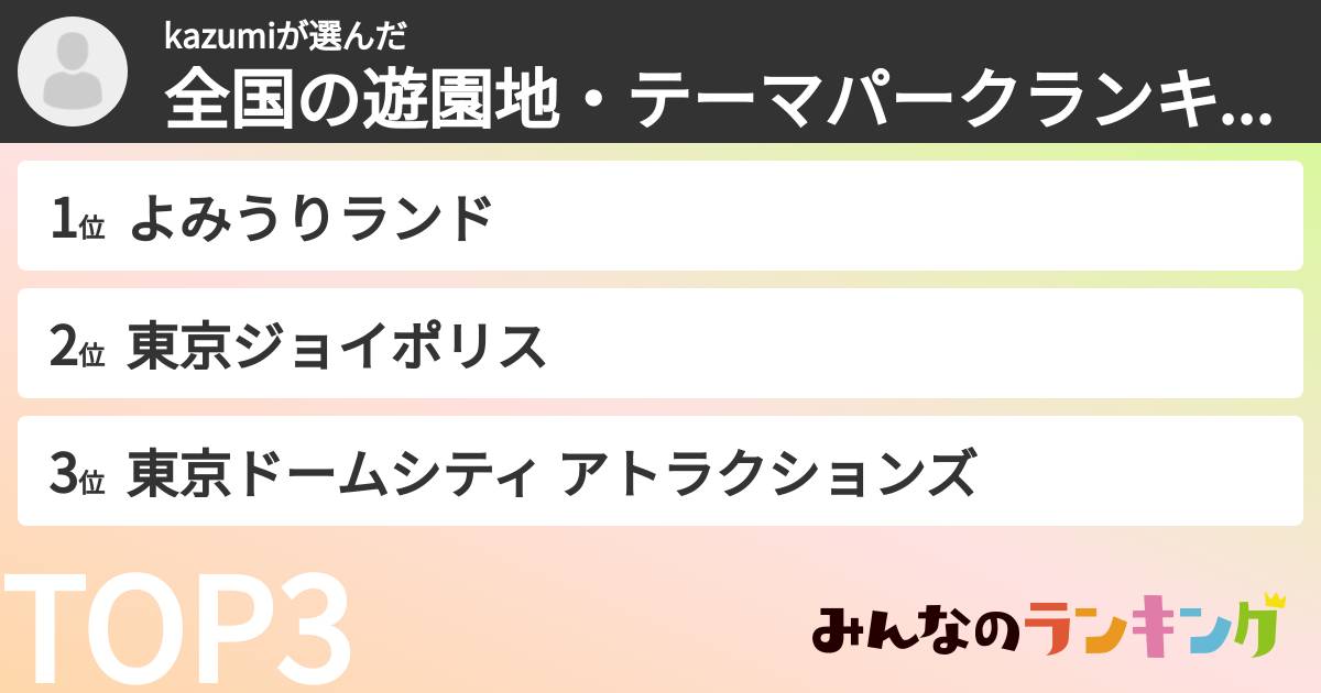 kazumiさんの「全国の遊園地・テーマパークランキング」