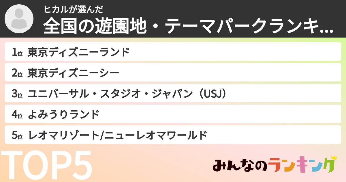 ヒカルさんの「全国の遊園地・テーマパークランキング」