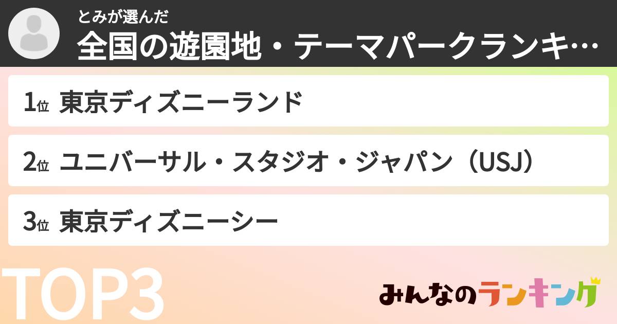 とみさんの「全国の遊園地・テーマパークランキング」