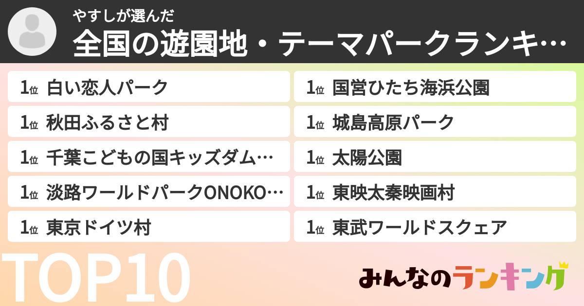 やすしさんの「全国の遊園地・テーマパークランキング」