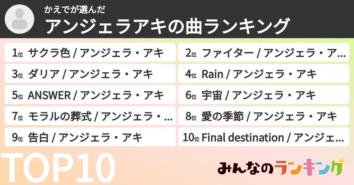 かえでさんの「アンジェラアキの曲ランキング」