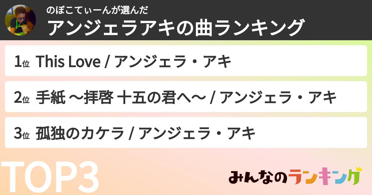 のぼこてぃーんさんの「アンジェラアキの曲ランキング」