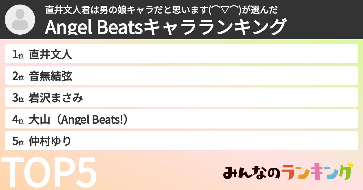 直井文人君は男の娘キャラだと思います(⌒▽⌒)さんの「Angel Beatsキャラランキング」