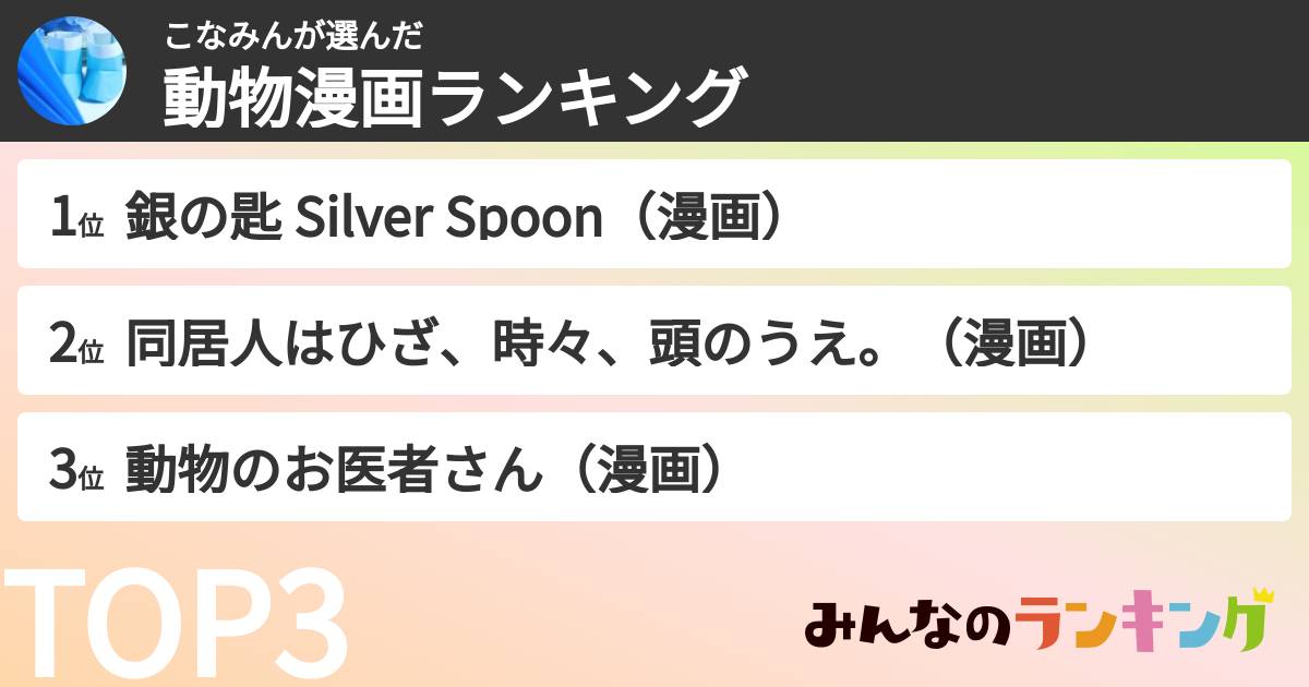 こなみんさんの「動物漫画ランキング」