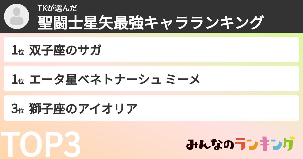 TKさんの「聖闘士星矢最強キャラランキング」