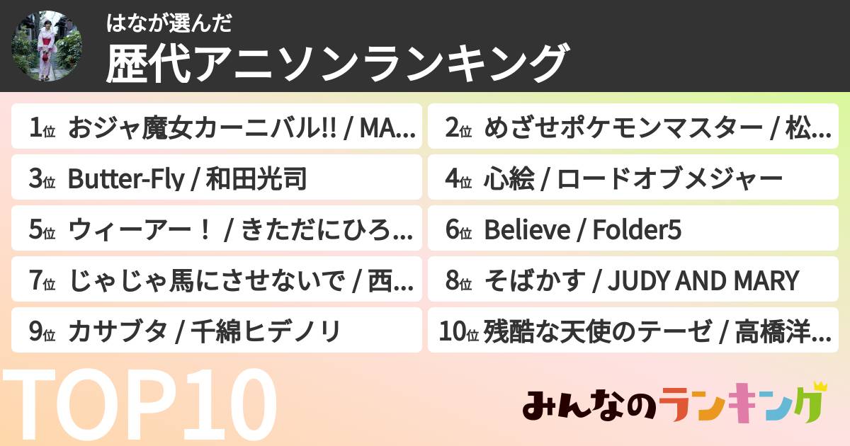 はなさんの「歴代アニソンランキング」