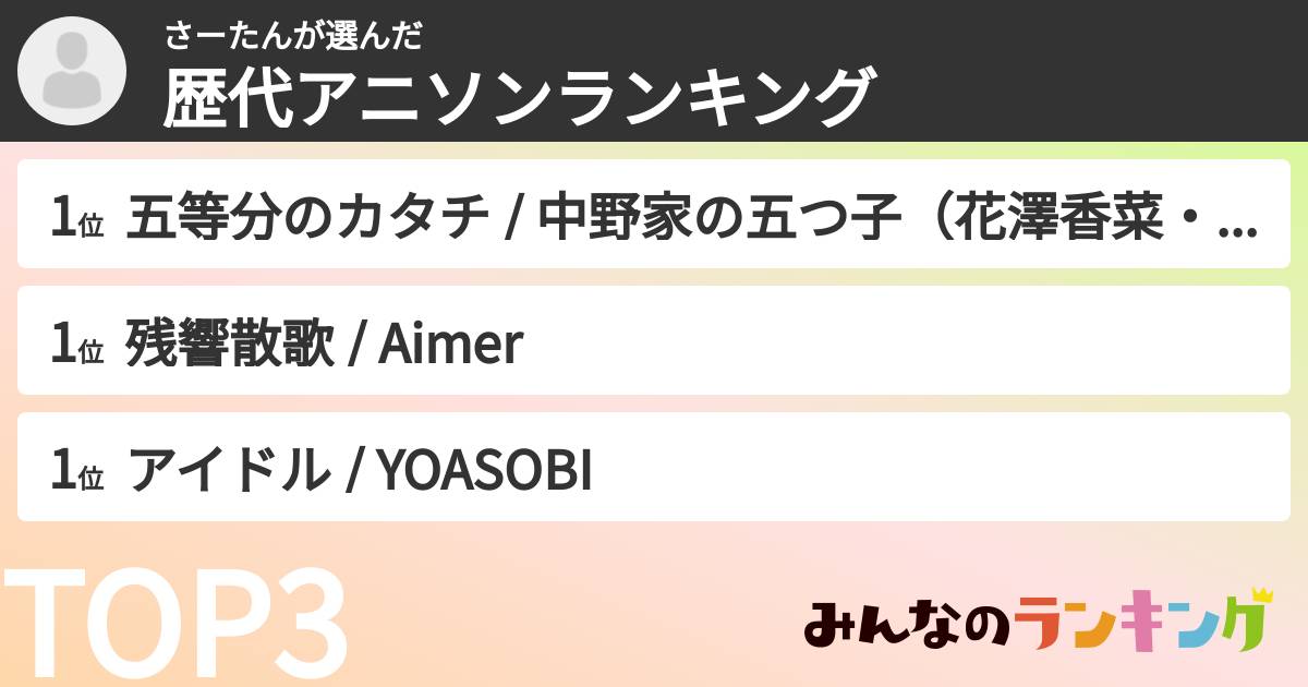 さーたんさんの「歴代アニソンランキング」