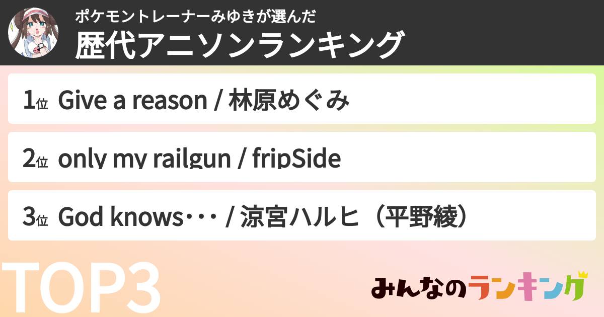 ポケモントレーナーみゆきさんの「歴代アニソンランキング」