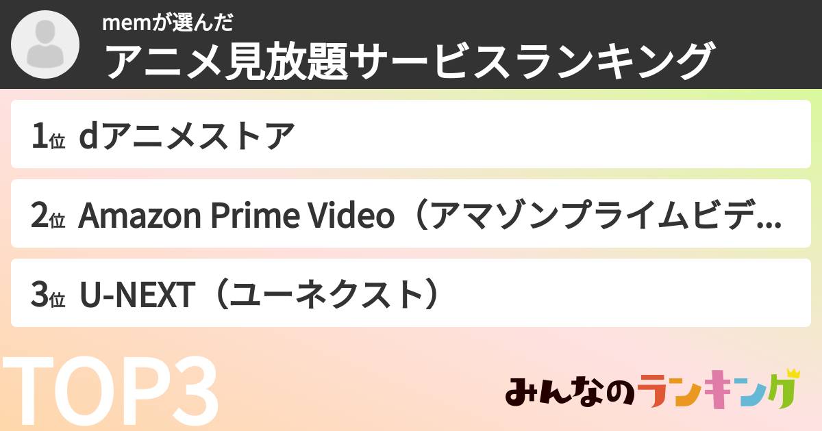 memさんの「アニメ見放題サービスランキング」