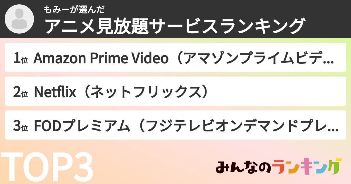 もみーさんの「アニメ見放題サービスランキング」