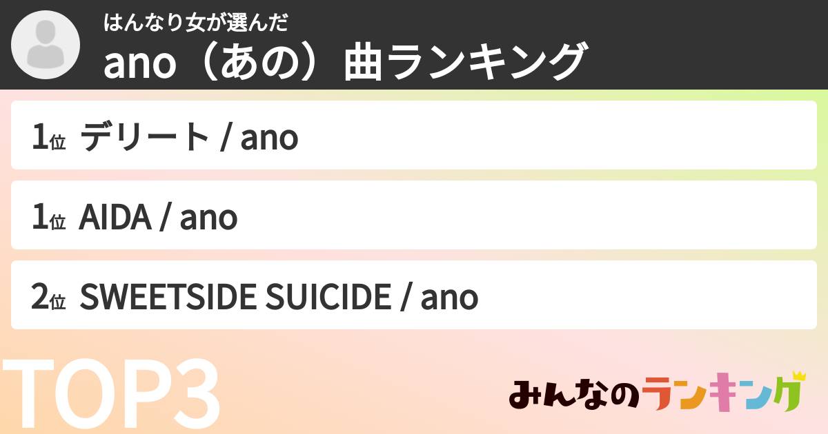 はんなり女さんの「ano（あの）曲ランキング」