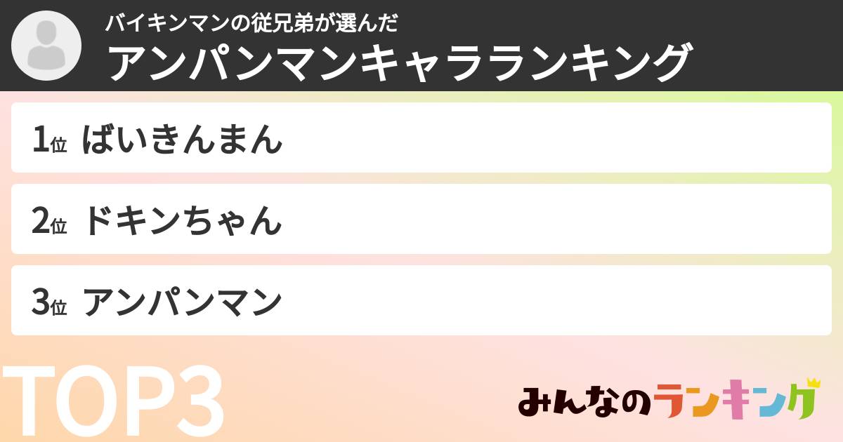 バイキンマンの従兄弟さんの「アンパンマンキャラランキング」
