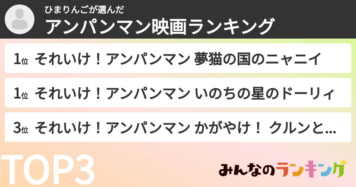 ひまりんごさんの「アンパンマン映画ランキング」