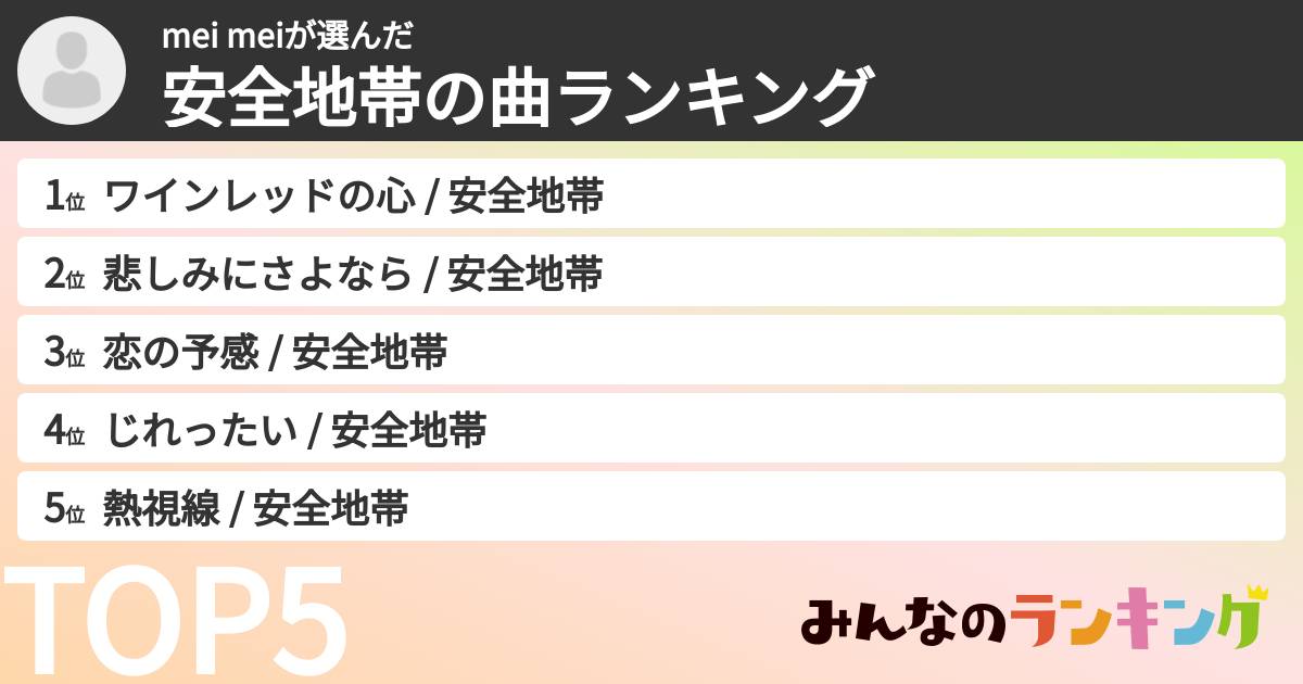 mei meiさんの「安全地帯の曲ランキング」
