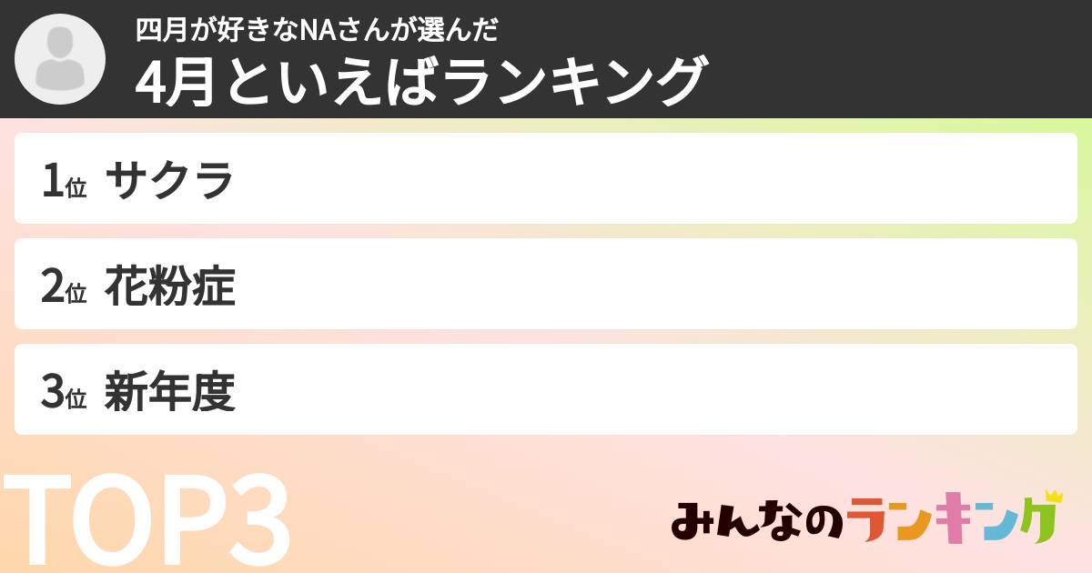四月が好きなNAさんさんの「4月といえばランキング」