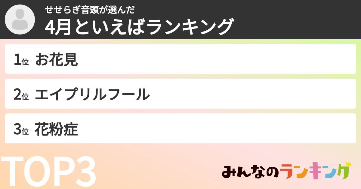せせらぎ音頭さんの「4月といえばランキング」