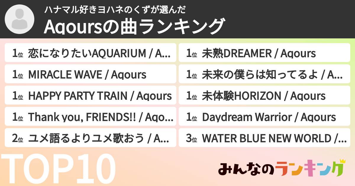 ハナマル好きヨハネのくずさんの「Aqoursの曲ランキング」