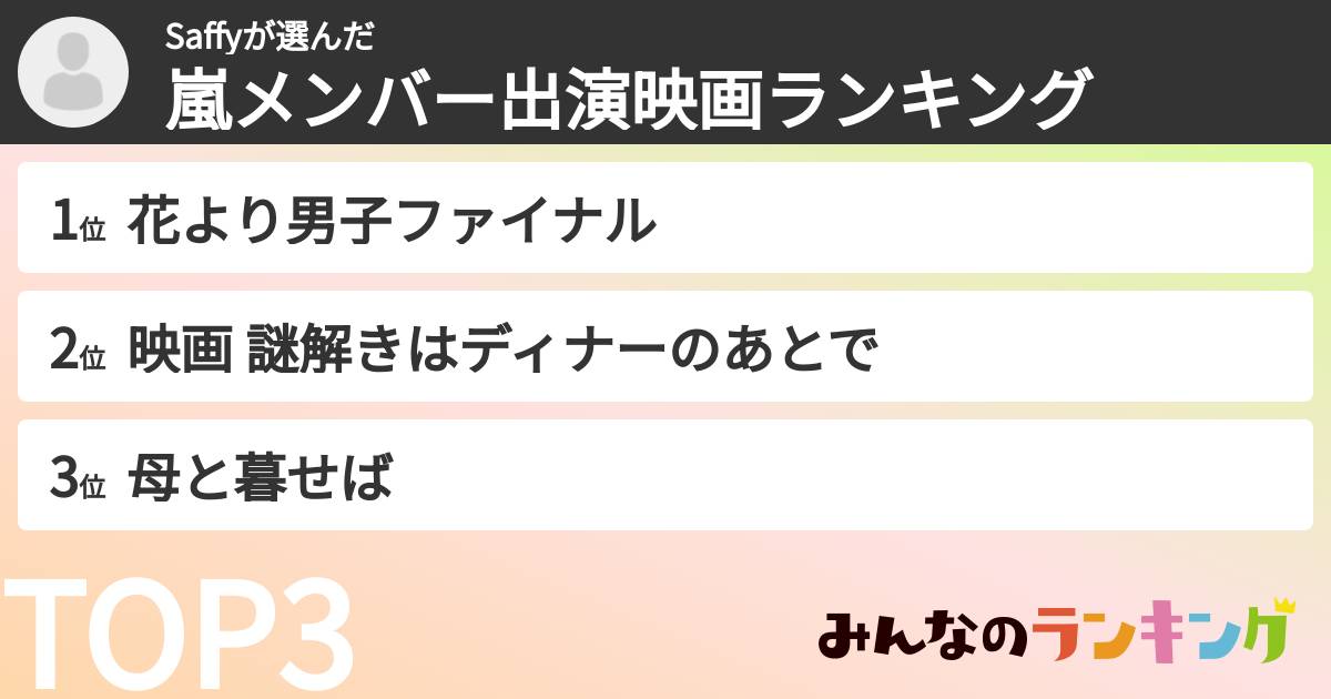 Saffyさんの「嵐メンバー出演映画ランキング」