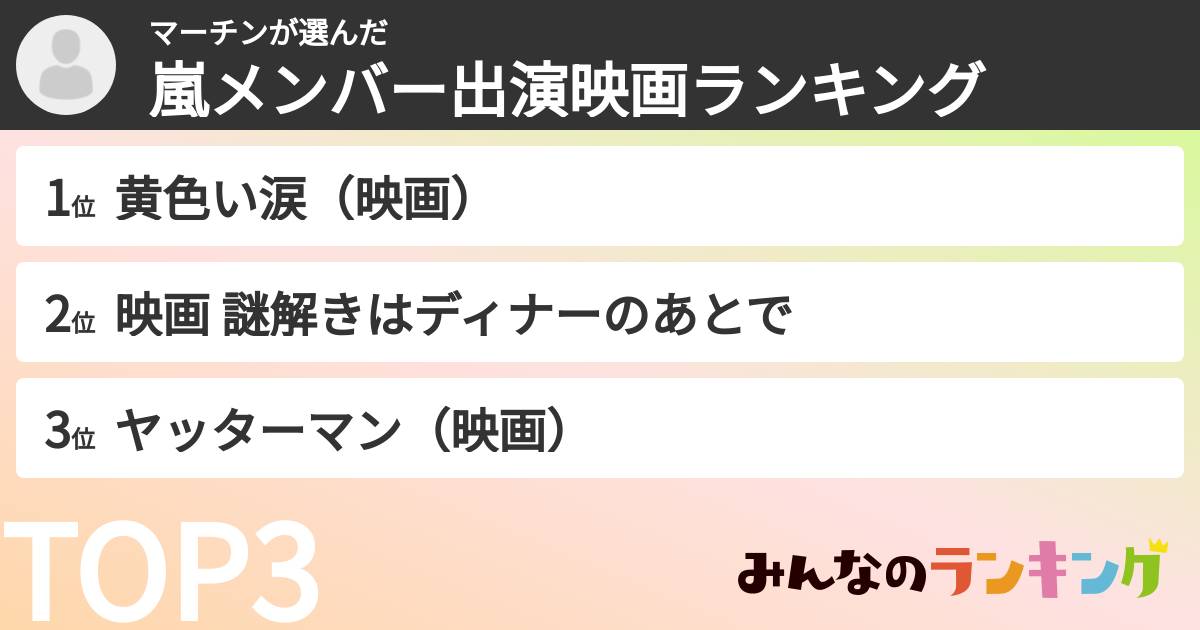 マーチンさんの「嵐メンバー出演映画ランキング」