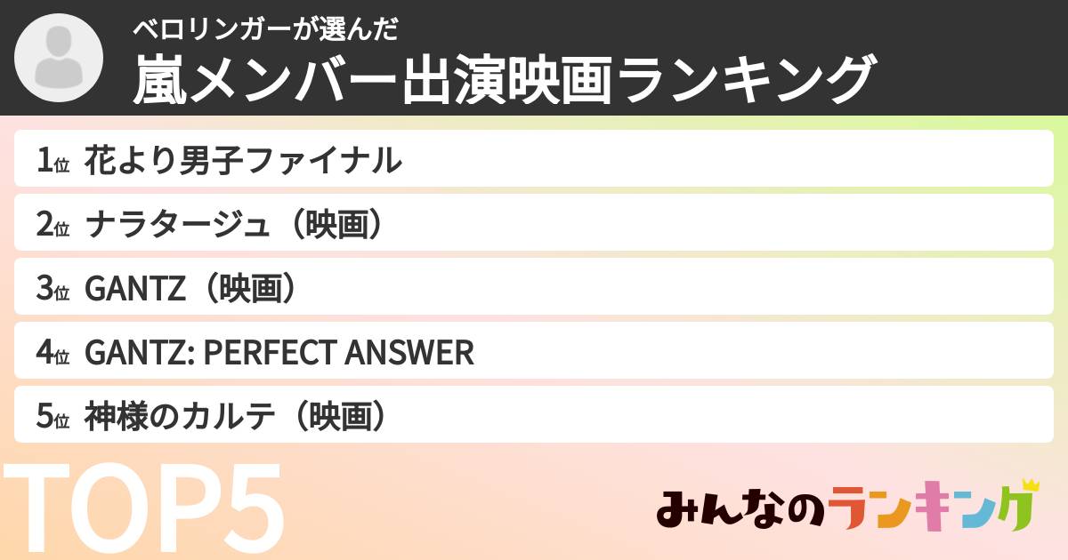 ベロリンガーさんの「嵐メンバー出演映画ランキング」