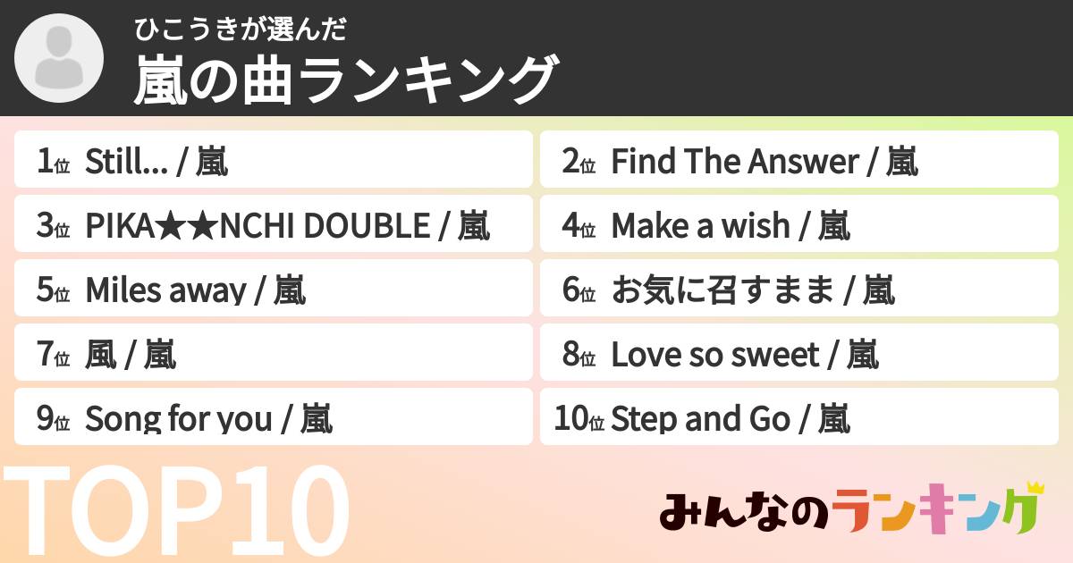 ひこうきさんの「嵐の曲ランキング」