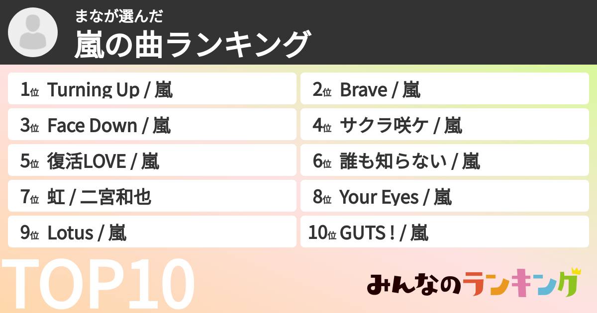 まなさんの「嵐の曲ランキング」