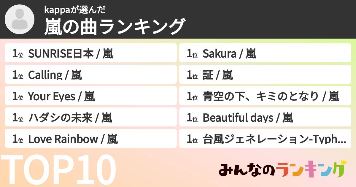 kappaさんの「嵐の曲ランキング」