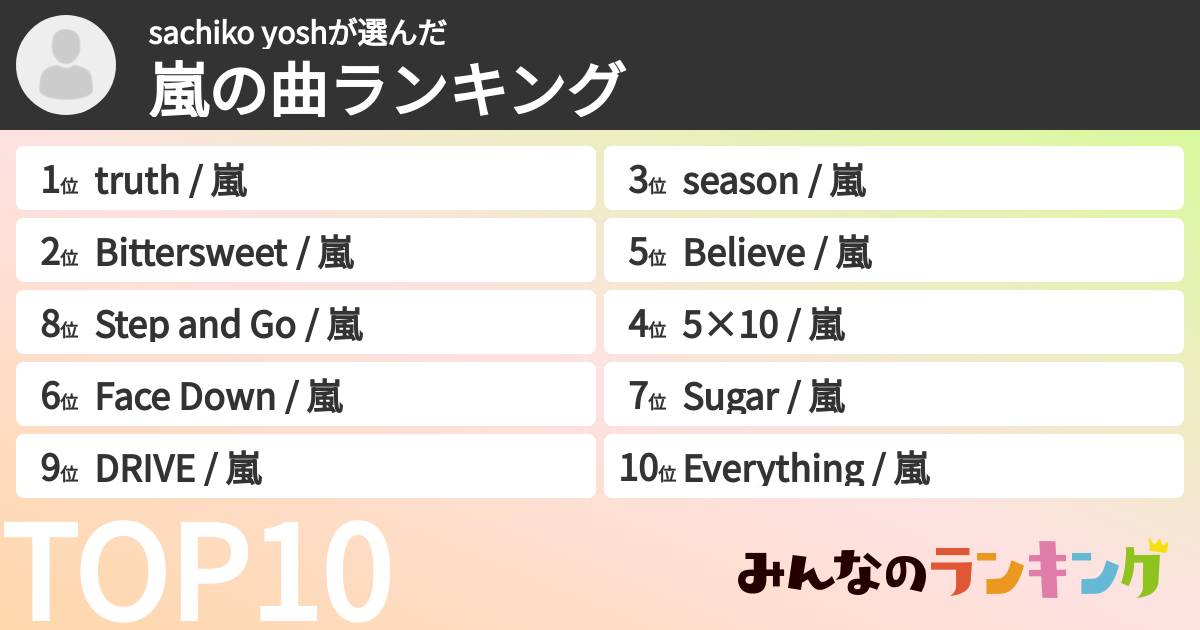 sachiko yoshさんの「嵐の曲ランキング」