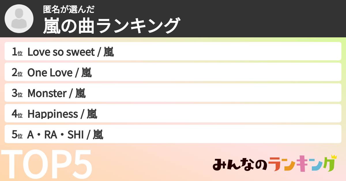 匿名さんの「嵐の曲ランキング」