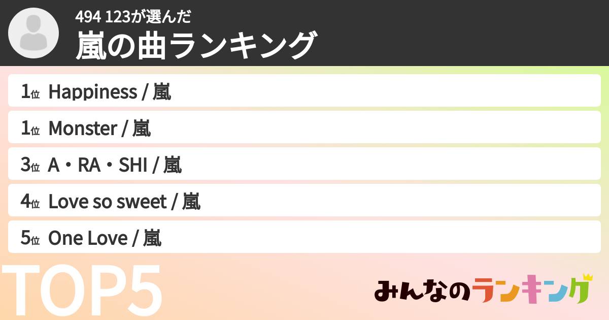 494 123さんの「嵐の曲ランキング」