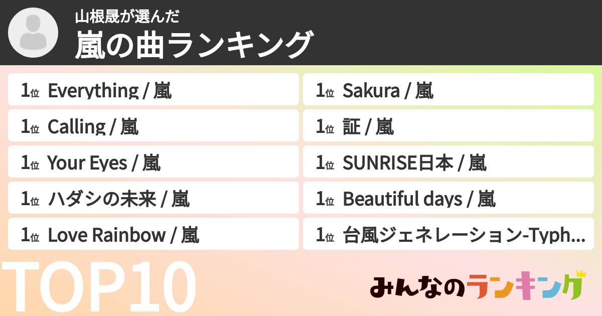 山根晟さんの「嵐の曲ランキング」
