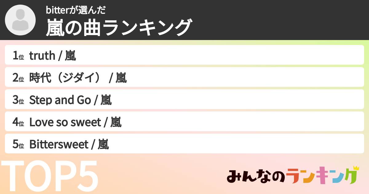 bitterさんの「嵐の曲ランキング」