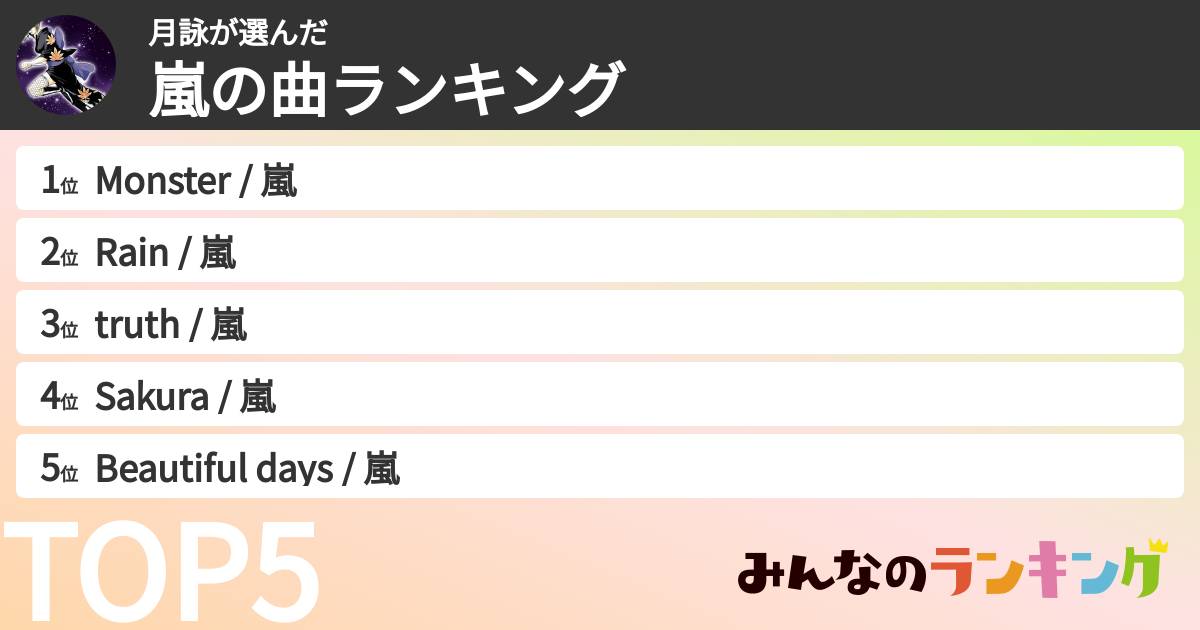 月詠さんの「嵐の曲ランキング」