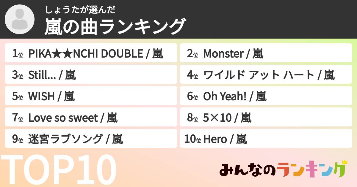しょうたさんの「嵐の曲ランキング」