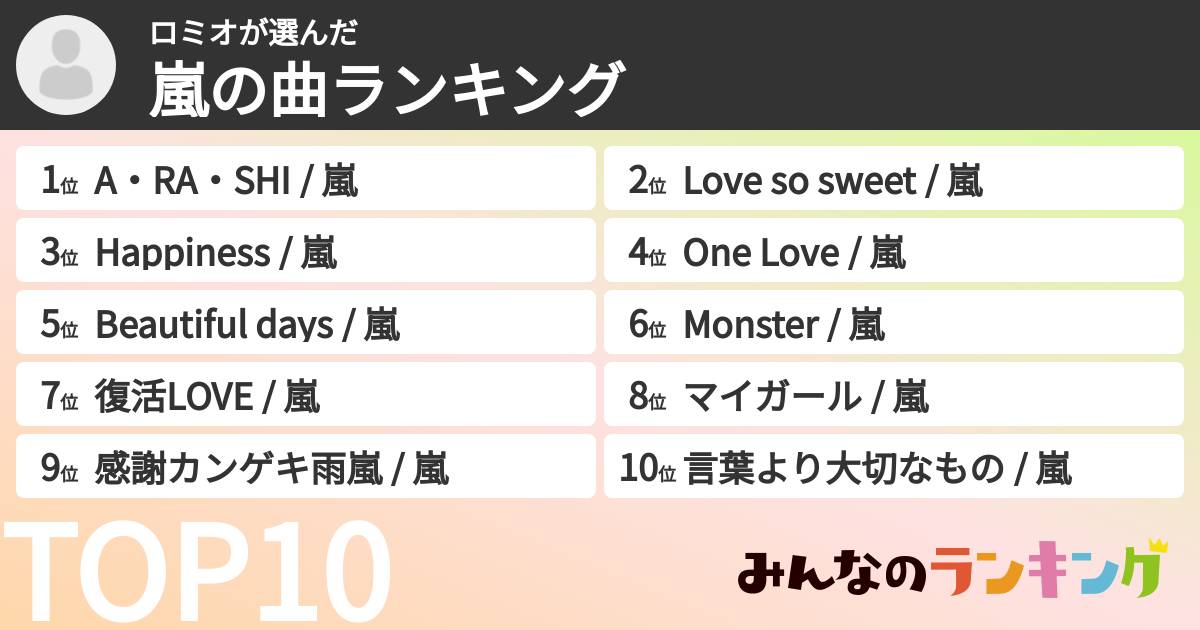 ロミオさんの「嵐の曲ランキング」