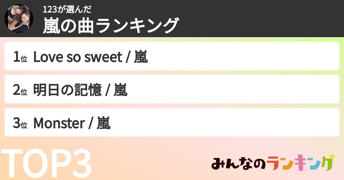 123さんの「嵐の曲ランキング」