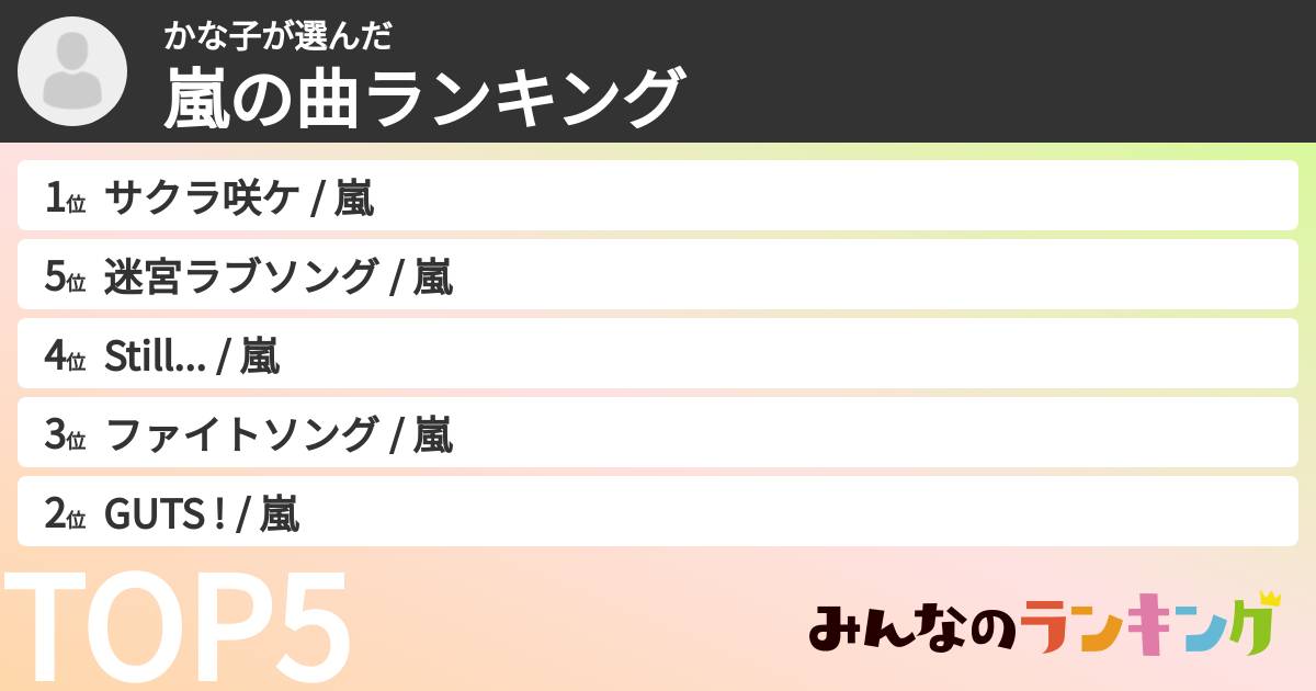 かな子さんの「嵐の曲ランキング」