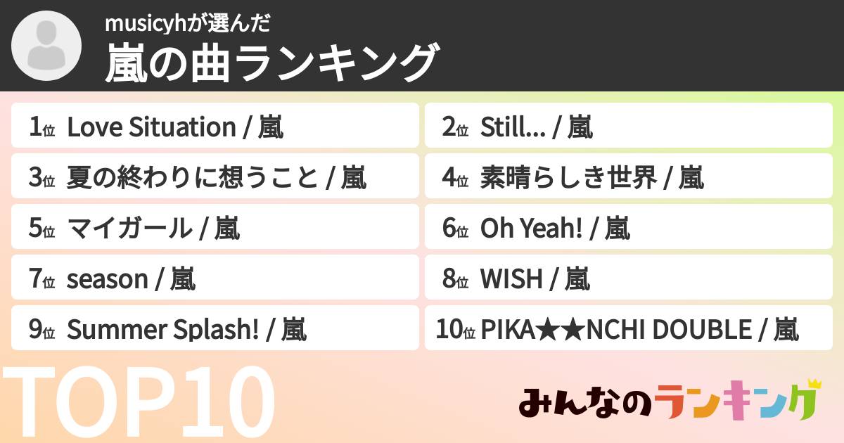 musicyhさんの「嵐の曲ランキング」