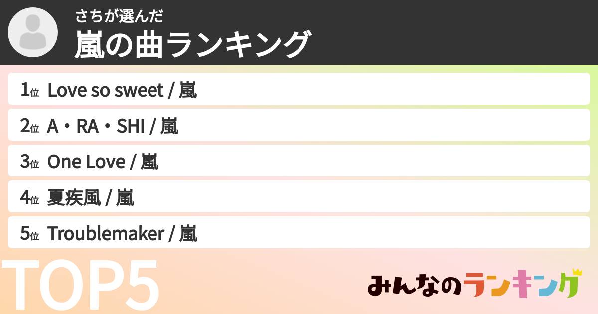 さちさんの「嵐の曲ランキング」