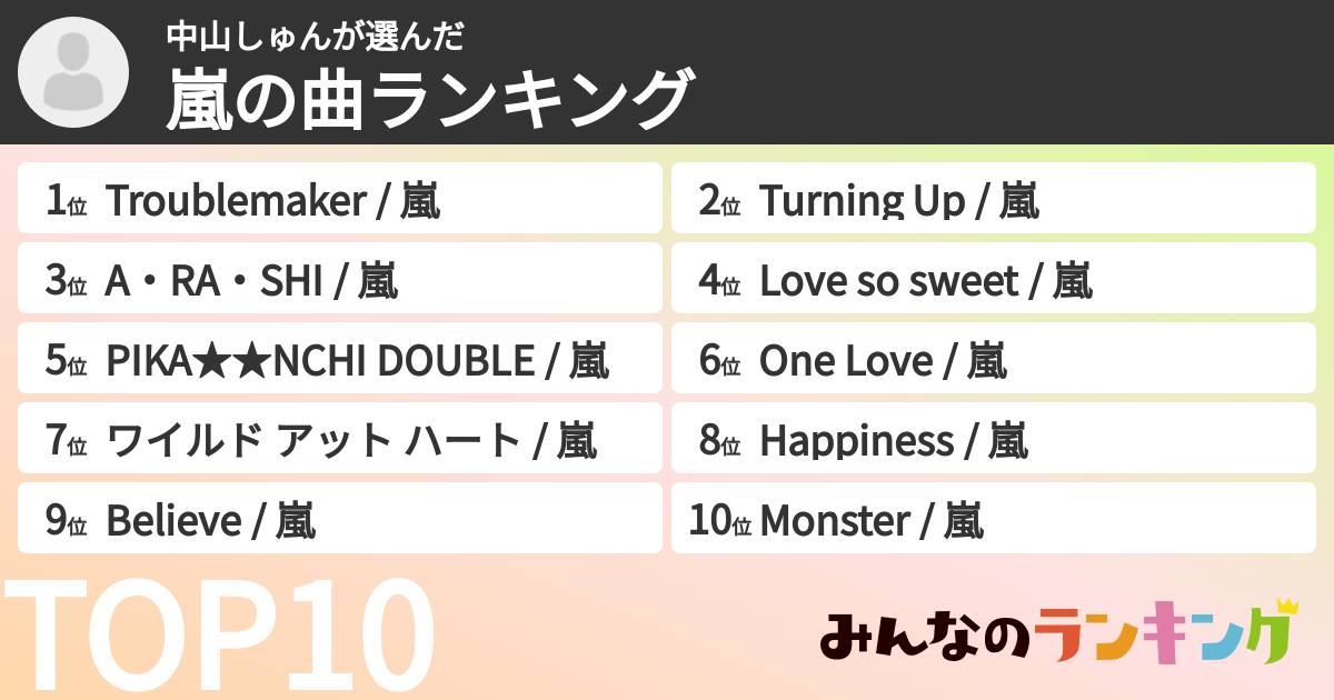 中山しゅんさんの「嵐の曲ランキング」