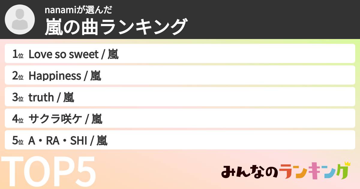 nanamiさんの「嵐の曲ランキング」