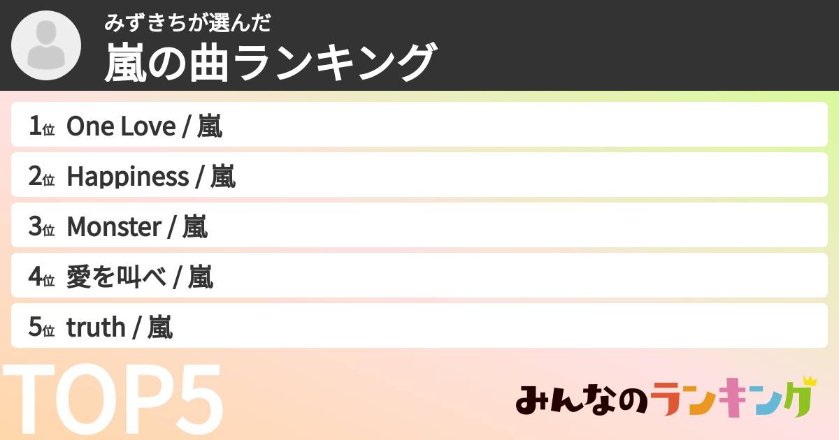 みずきちさんの「嵐の曲ランキング」
