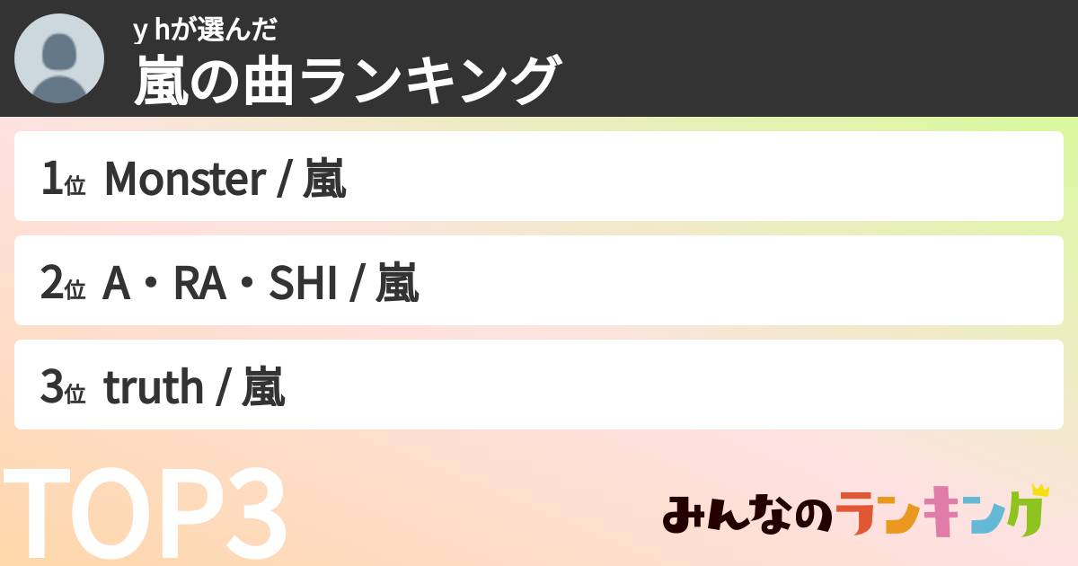 y hさんの「嵐の曲ランキング」