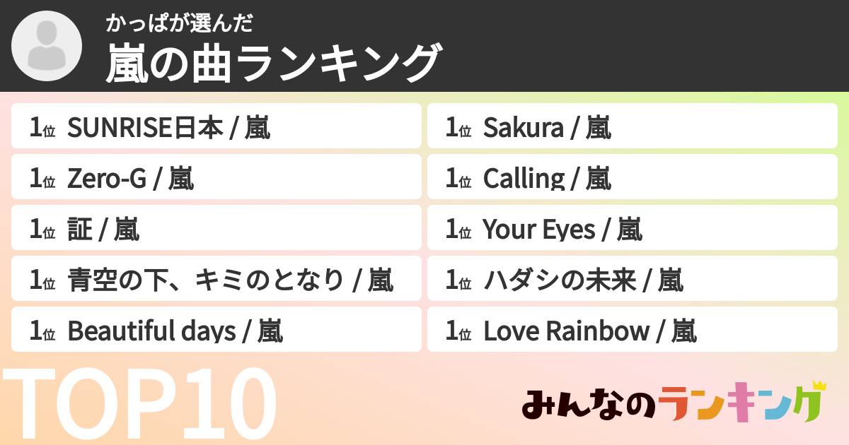かっぱさんの「嵐の曲ランキング」