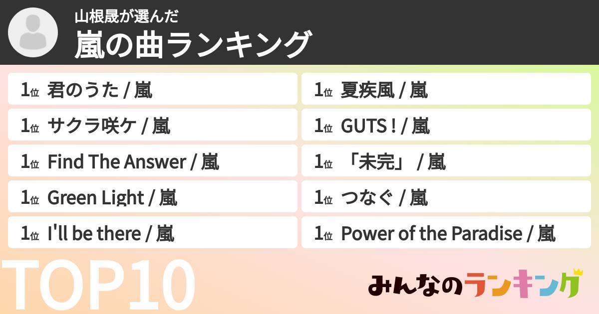 山根晟さんの「嵐の曲ランキング」